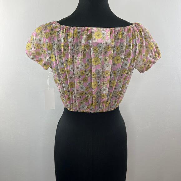 NWT LISA MARIE FERNANDEZ Pink Floral Puff Sleeve Square Neck Cotton Crop Top 2 - Picture 5 of 9